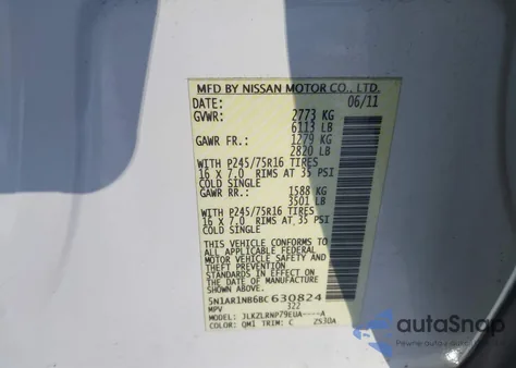 2011 Nissan Pathfinder S z USA, uszkodzony, nr VIN 5N1AR1NB6BC630824